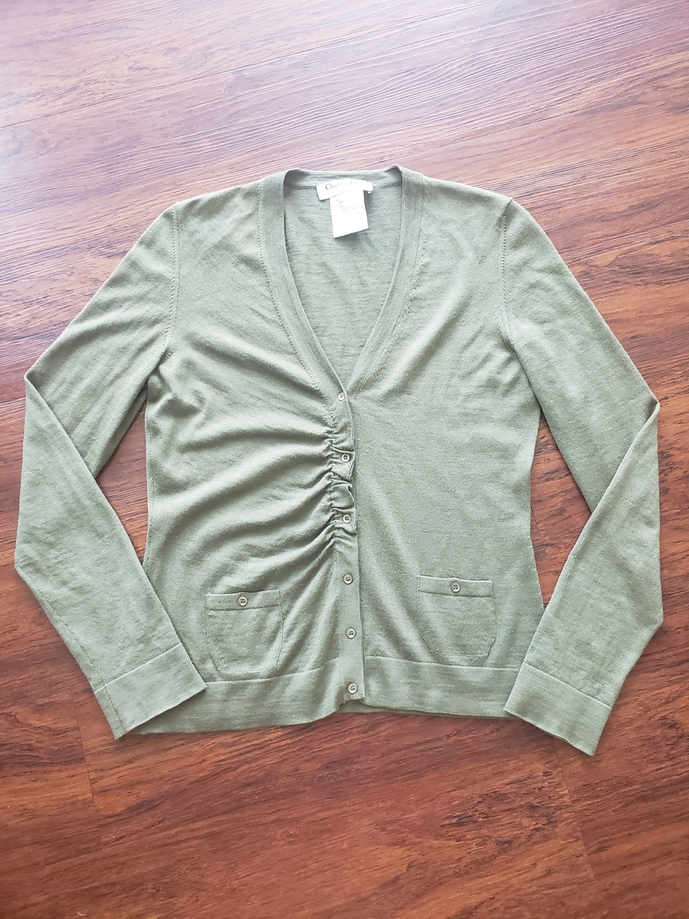 Christian Dior Olive Green Knit Cardigan Sweater Size 6 Vintage Designer Preppy